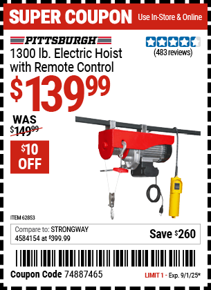 Harbor Freight Coupons, HF Coupons, 20% off - PITTSBURGH AUTOMOTIVE 1300 lb. Electric Hoist with Remote Control for $144.99