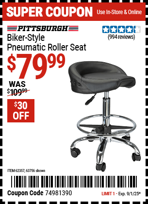 Harbor Freight Coupons, HF Coupons, 20% off - Biker-style Pneumatic Roller Seat
