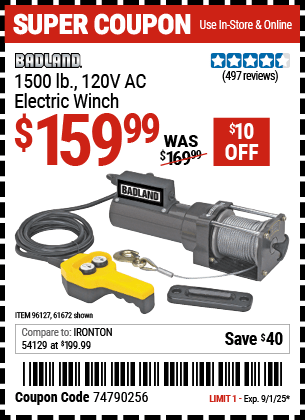 Harbor Freight Coupons, HF Coupons, 20% off - 1500 Lb. Capacity 120 Volt Ac Electric Winch