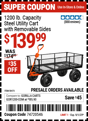 Harbor Freight Coupons, HF Coupons, 20% off - HFT 1200 lb. Capacity Steel Utility Cart with Sides 