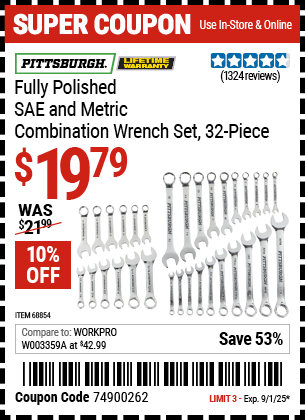 Harbor Freight Coupons, HF Coupons, 20% off - 32 Piece Fully Polished Sae & Metric Combination Wrench Set