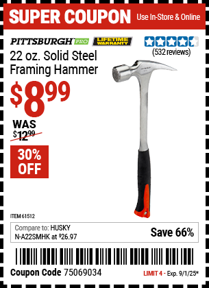 Harbor Freight Coupons, HF Coupons, 20% off - Steel Professional Hammers