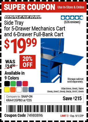 Harbor Freight Coupons, HF Coupons, 20% off - U.S. GENERAL Folding Side Tray for Tool Carts 