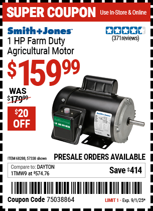 Harbor Freight Coupons, HF Coupons, 20% off - 1 Hp Farm Duty Agricultural Motor