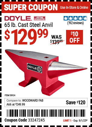 Harbor Freight Coupons, HF Coupons, 20% off - DOYLE 65 lb. Cast Steel Anvil for $139.99