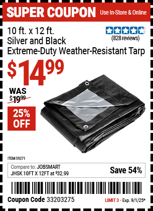 Harbor Freight Coupons, HF Coupons, 20% off - 10 ft. x 12 ft. Silver and Black Extreme Duty Weather Resistant Tarp for $16.99