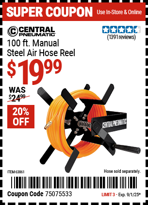 Harbor Freight Coupons, HF Coupons, 20% off - 100 Ft. Manual Steel Air Hose Reel
