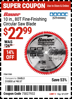 Harbor Freight Coupons, HF Coupons, 20% off - 10 in. 80T Fine Finishing Circular Saw Blade