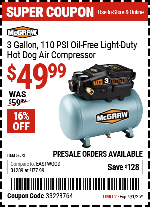 Harbor Freight Coupons, HF Coupons, 20% off - 3 Gallon 1/3 HP 110 PSI Oil-Free Hotdog Air Compressor