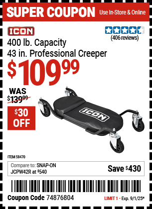 Harbor Freight Coupons, HF Coupons, 20% off - ICON 43 in. Professional Creeper for $109.99