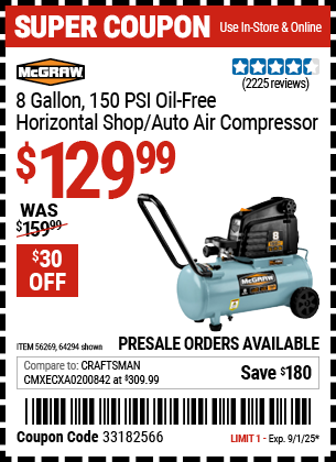 Harbor Freight Coupons, HF Coupons, 20% off - Mcgraw 150 Psi, 8 Gallon, 1.5 Hp Horizontal Compressor