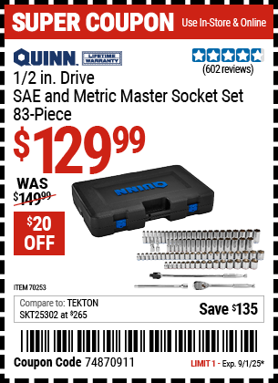 Harbor Freight Coupons, HF Coupons, 20% off - QUINN 1/2 in. Drive, SAE and Metric Master Socket Set, 83-Piece for $149.99