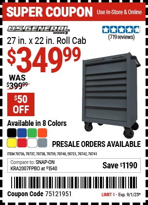 Harbor Freight Coupons, HF Coupons, 20% off - U.S. GENERAL 27 in. x 22 in. Roll Cab, Series 3 for $349.99