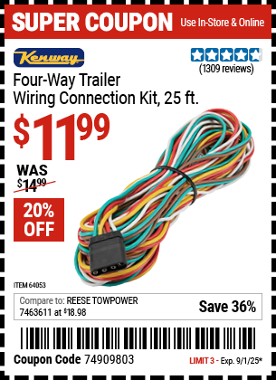 Harbor Freight Coupons, HF Coupons, 20% off - Four-way Trailer Wiring Connection Kit