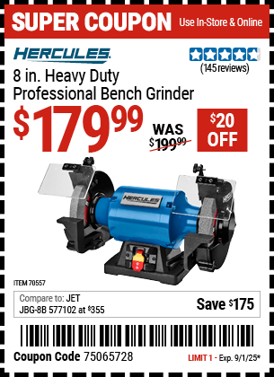 Harbor Freight Coupons, HF Coupons, 20% off - HERCULES 8 in. Heavy Duty Professional Bench Grinder for $149.99
