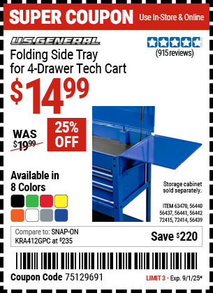 Harbor Freight Coupons, HF Coupons, 20% off - 4 Drawer Tech Cart Folding Side Trays