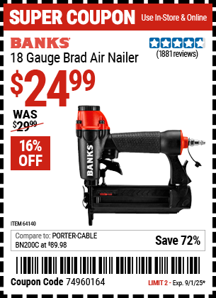 Harbor Freight Coupons, HF Coupons, 20% off - 18 Gauge Brad Air Nailer