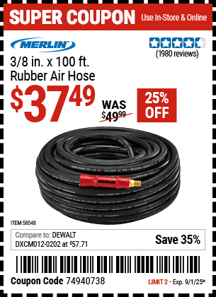 Harbor Freight Coupons, HF Coupons, 20% off - MERLIN 3/8 in. x 100 ft. Rubber Air Hose for $39.99