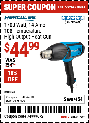 Harbor Freight Coupons, HF Coupons, 20% off - 1700 Watt  14 Amp 108 Temperature High Output Heat Gun