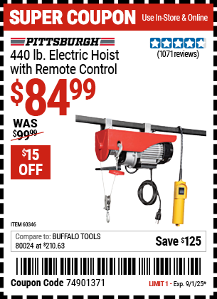 Harbor Freight Coupons, HF Coupons, 20% off - 440 Lb. Capacity Electric Hoist With Remote Control