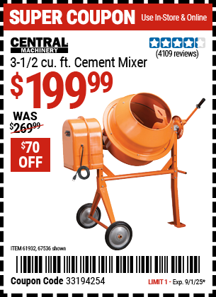 Harbor Freight Coupons, HF Coupons, 20% off - 3-1/2 Cubic Ft. Cement Mixer
