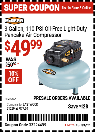 Harbor Freight Coupons, HF Coupons, 20% off - 3 Gallon 1/3 HP 110 PSI Oil-Free Pancake Air Compressor