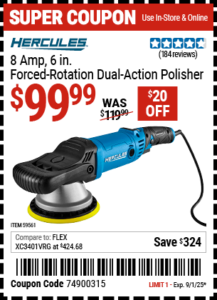 Harbor Freight Coupons, HF Coupons, 20% off - HERCULES 8 Amp 6 in. Forced Rotation Dual Action Polisher for $99.99