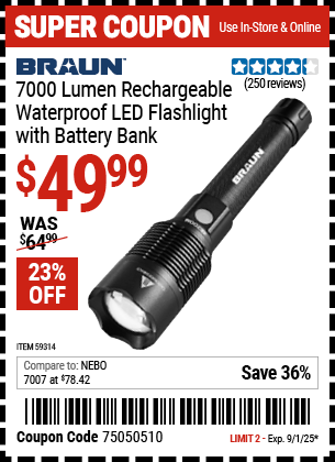 Harbor Freight Coupons, HF Coupons, 20% off - BRAUN 7000 Lumen Rechargeable Waterproof LED Flashlight with Battery Bank for $49.99
