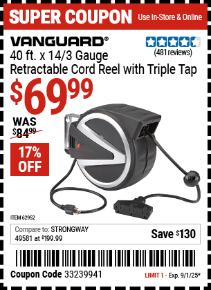 Harbor Freight Coupons, HF Coupons, 20% off - VANGUARD 40 ft. Retractable Cord Reel with Triple Tap for $64.99