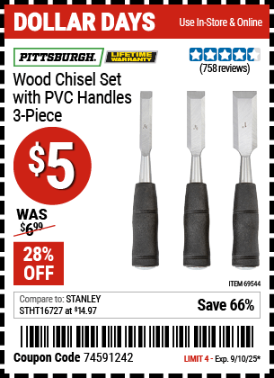 Harbor Freight Coupons, HF Coupons, 20% off - 3 Piece Wood Chisel Set