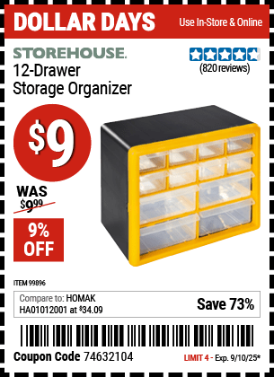 Harbor Freight Coupons, HF Coupons, 20% off - 12 Drawer Storage Organizer