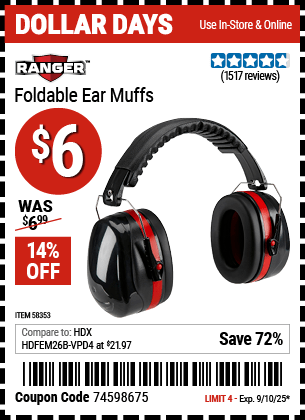 Harbor Freight Coupons, HF Coupons, 20% off - RANGER Foldable Ear Muffs for $5.99