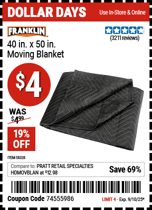 Harbor Freight Coupons, HF Coupons, 20% off - FRANKLIN 40 in. x 50 in. Moving Blanket for $4.49