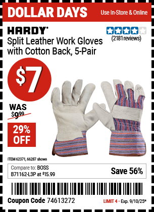 Harbor Freight Coupons, HF Coupons, 20% off - Split Leather Work Gloves 5 Pair