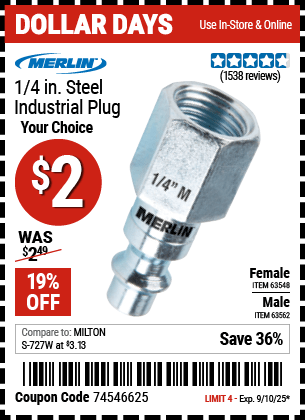Harbor Freight Coupons, HF Coupons, 20% off - MERLIN 1/4 in. Steel Industrial Plug for $1