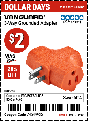 Harbor Freight Coupons, HF Coupons, 20% off - 3-way Grounded Adapter