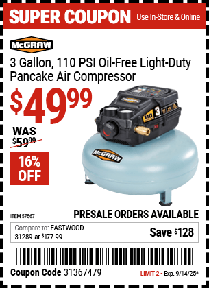 Harbor Freight Coupons, HF Coupons, 20% off - 3 Gallon 1/3 HP 110 PSI Oil-Free Pancake Air Compressor