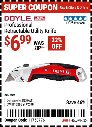 Harbor Freight Coupons, HF Coupons, 20% off - DOYLE Professional Retractable Utility Knife 