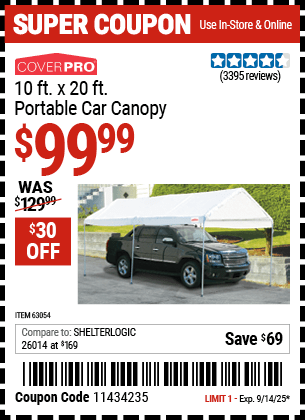 Harbor Freight Coupons, HF Coupons, 20% off - 10 Ft X 20 Ft Car Canopy