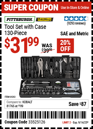 Harbor Freight Coupons, HF Coupons, 20% off - 130 Piece Tool Kit With Case