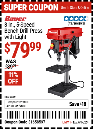 Harbor Freight Coupons, HF Coupons, 20% off - BAUER 8 in., 5-Speed Bench Drill Press with Light for $79.99