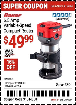 Harbor Freight Coupons, HF Coupons, 20% off - BAUER 1-1/4 HP 1/4 in. Variable Speed Compact Router 