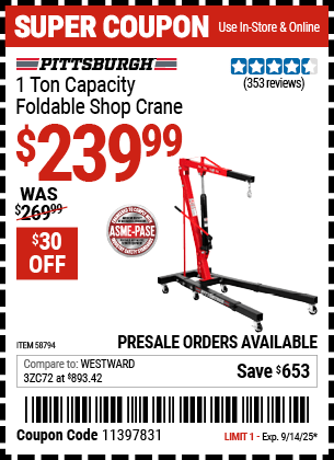 Harbor Freight Coupons, HF Coupons, 20% off - PITTSBURGH 1 Ton Capacity Foldable Shop Crane for $239.99