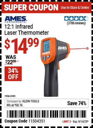 Harbor Freight Coupons, HF Coupons, 20% off - 12:1 Infrared Laser Thermometer