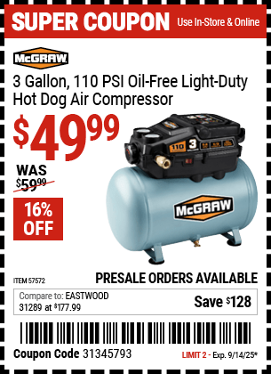 Harbor Freight Coupons, HF Coupons, 20% off - 3 Gallon 1/3 HP 110 PSI Oil-Free Hotdog Air Compressor