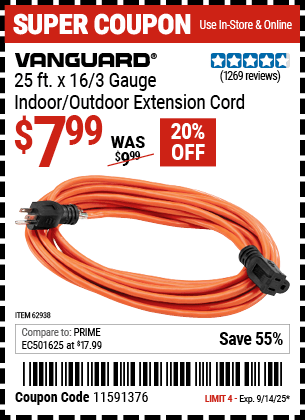 Harbor Freight Coupons, HF Coupons, 20% off - 25 ft. x 16 Gauge Indoor/Outdoor Extension Cord