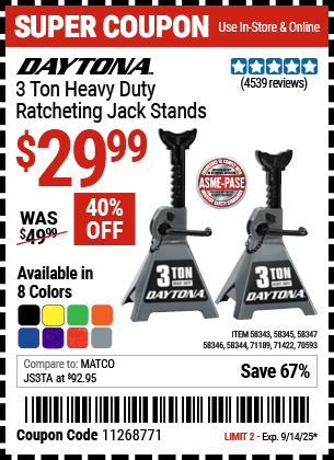 Harbor Freight Coupons, HF Coupons, 20% off - Buy Any 3T or 4T Steel DAYTONA Jack, Get One Pair of 3T DAYTONA Steel Jack Stands FREE!