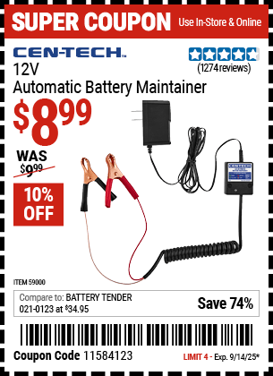 Harbor Freight Coupons, HF Coupons, 20% off - CEN-TECH 12V Automatic Battery Maintainer 