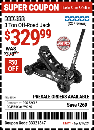 Harbor Freight Coupons, HF Coupons, 20% off - BADLAND 3 Ton Off-Road Jack 