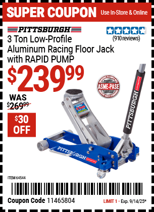 Harbor Freight Coupons, HF Coupons, 20% off - 3 ton Aluminum Rapid Pumpxc2xae Racing Floor Jack